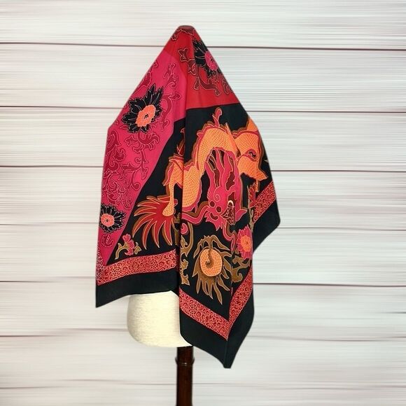Diane Von Furstenberg Silk Scarf Asian Dragon Floral Black Magenta 34" DVF - Picture 2 of 14